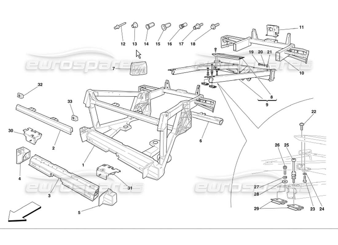 ferrari 360 modena strukturen und platten der hinteren rahmenelemente teilediagramm