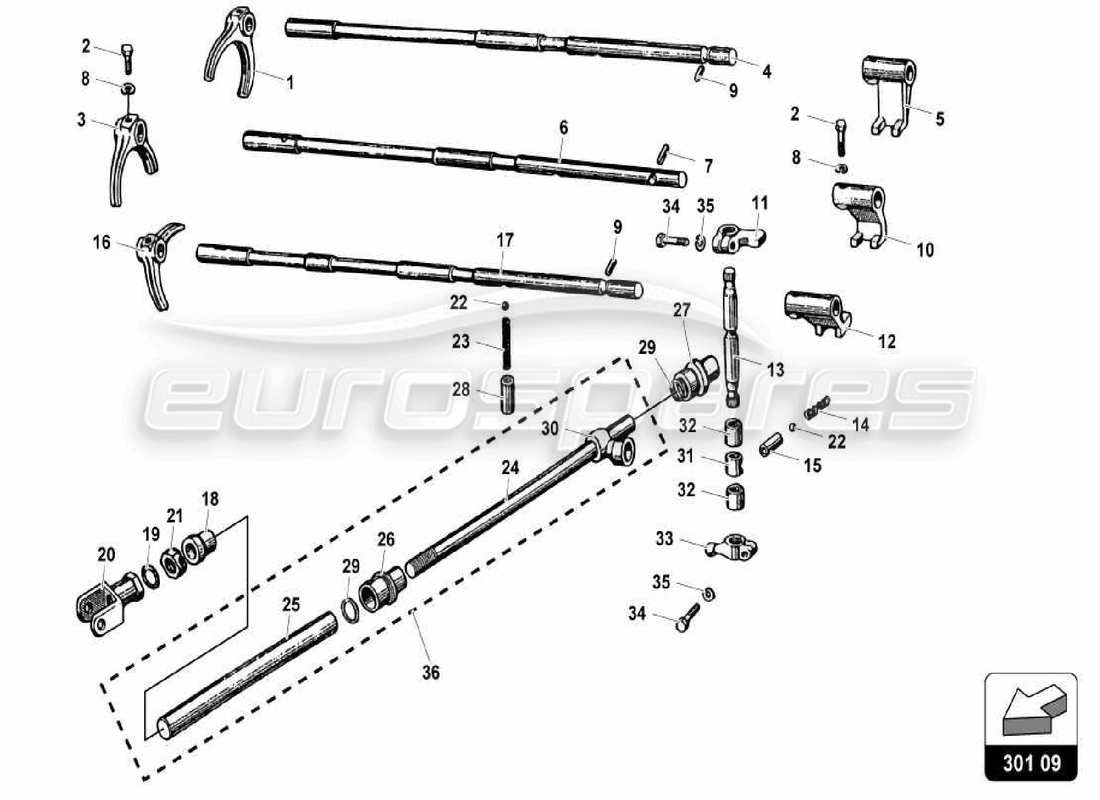 lamborghini miura p400s teilediagramm für getriebeschaltstangen und -gabeln