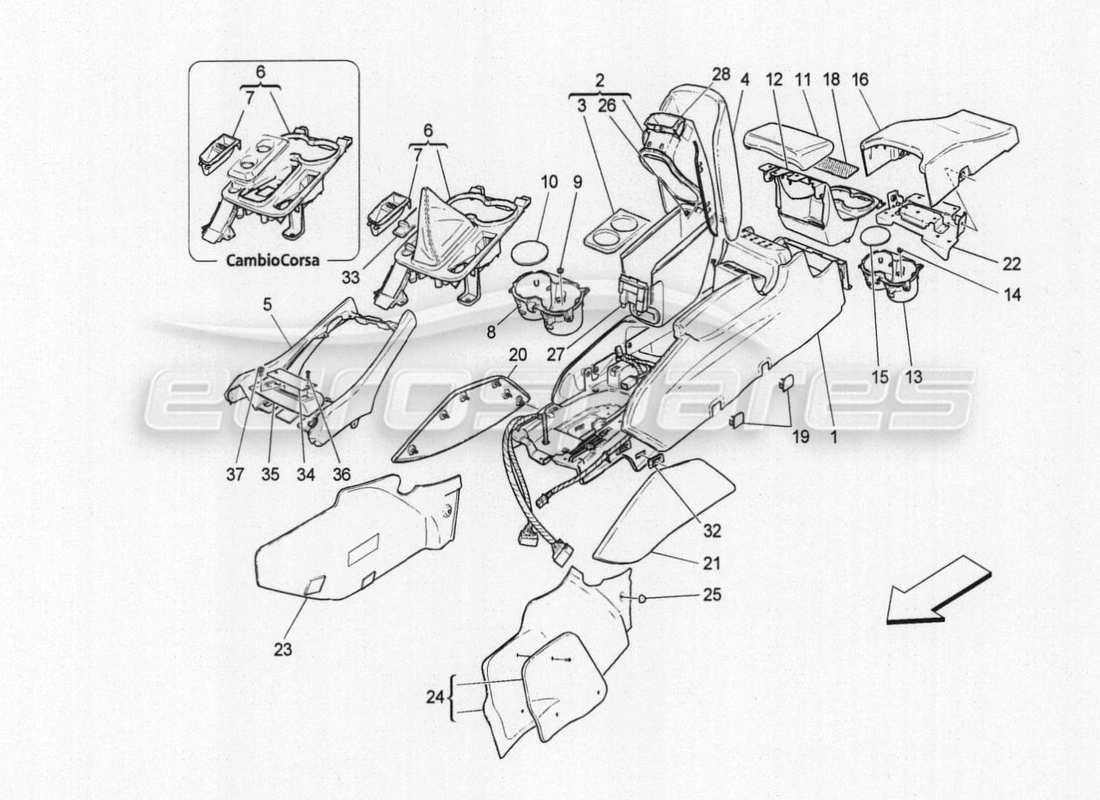 maserati granturismo special edition zubehörkonsole und mittelkonsole teilediagramm