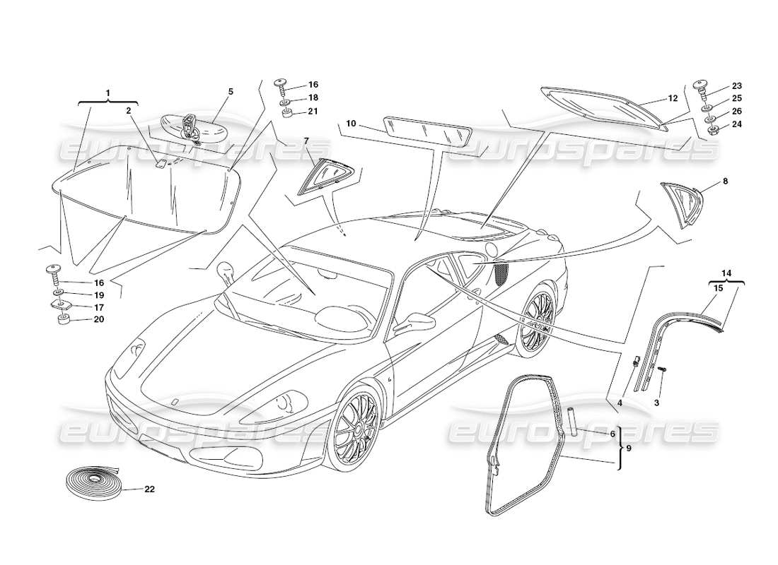 ferrari 430 challenge (2006) teilediagramm für gläser und dichtungen