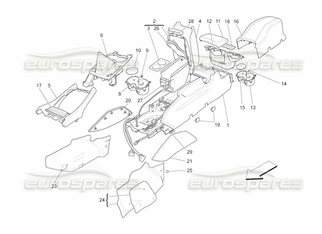 maserati grancabrio (2010) 4.7 zubehörkonsole und mittelkonsole teilediagramm