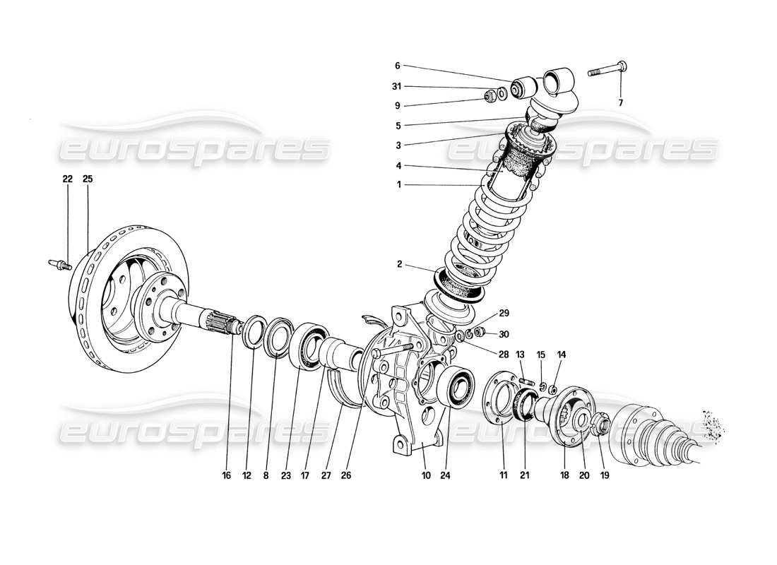 ferrari 328 (1985) hinterradaufhängung - teilediagramm stoßdämpfer und bremsscheibe