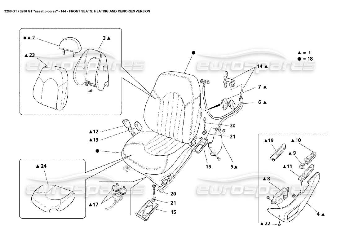 maserati 3200 gt/gta/assetto corsa vordersitze: teilediagramm für beheizte memoryfunktion