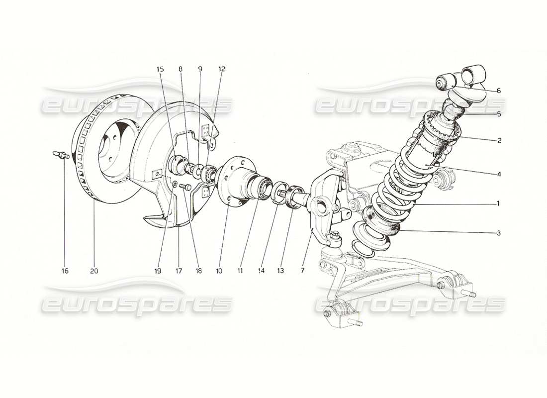 ferrari 308 gt4 dino (1976) front suspension - shock absorber and brake discs part diagram