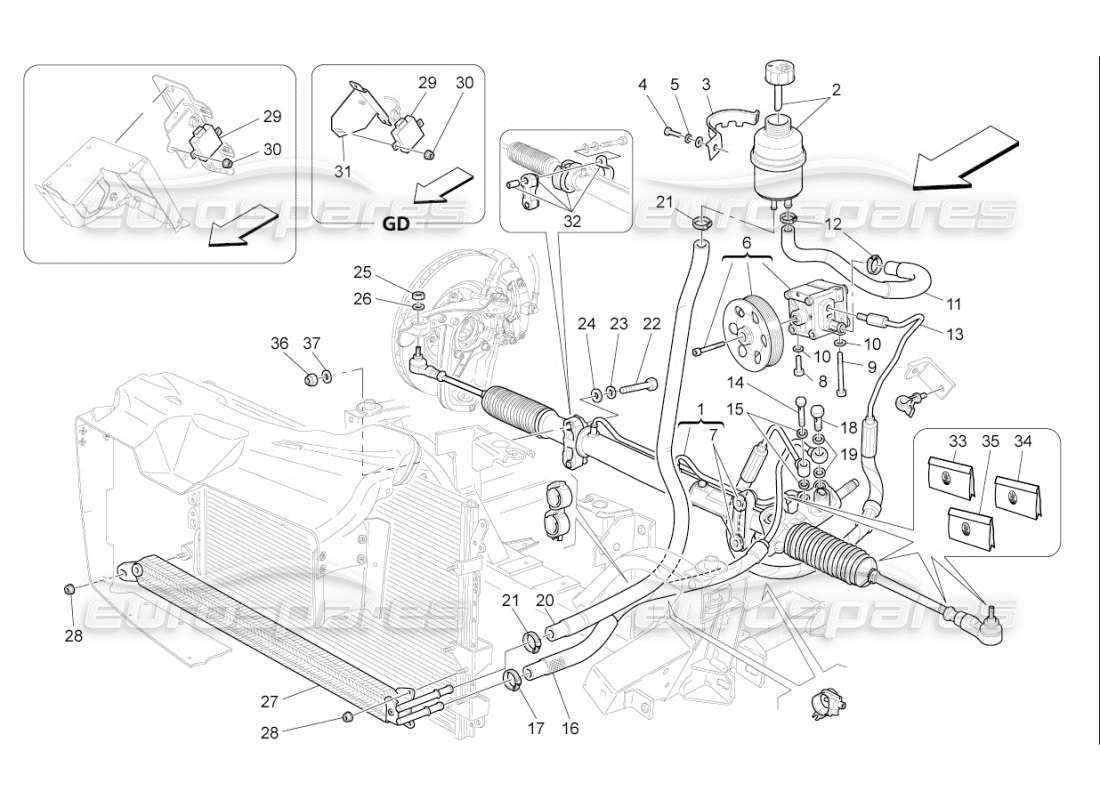 maserati qtp. (2009) 4.7 auto teilediagramm für lenkgetriebe und hydraulische lenkpumpe