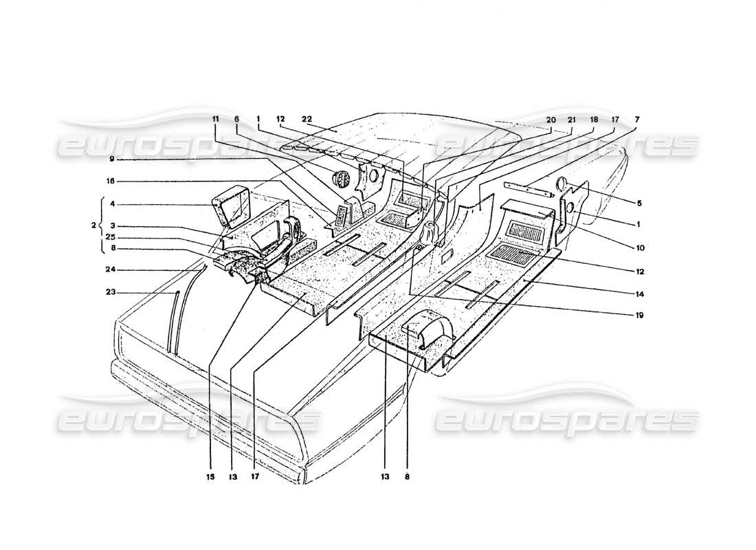 ferrari 365 gt4 2+2 coachwork teilediagramm für innenteppiche und verkleidungen