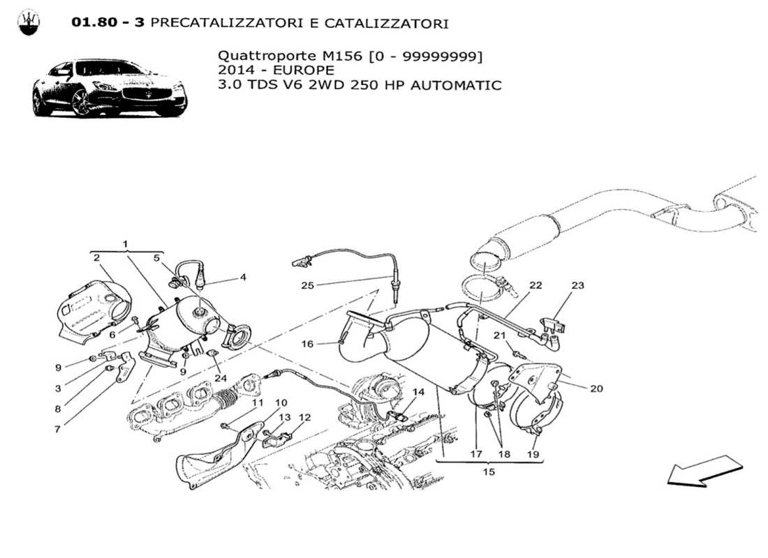 maserati qtp. v6 3.0 tds 250bhp 2014 vorkatalysatoren und katalysatoren teilediagramm