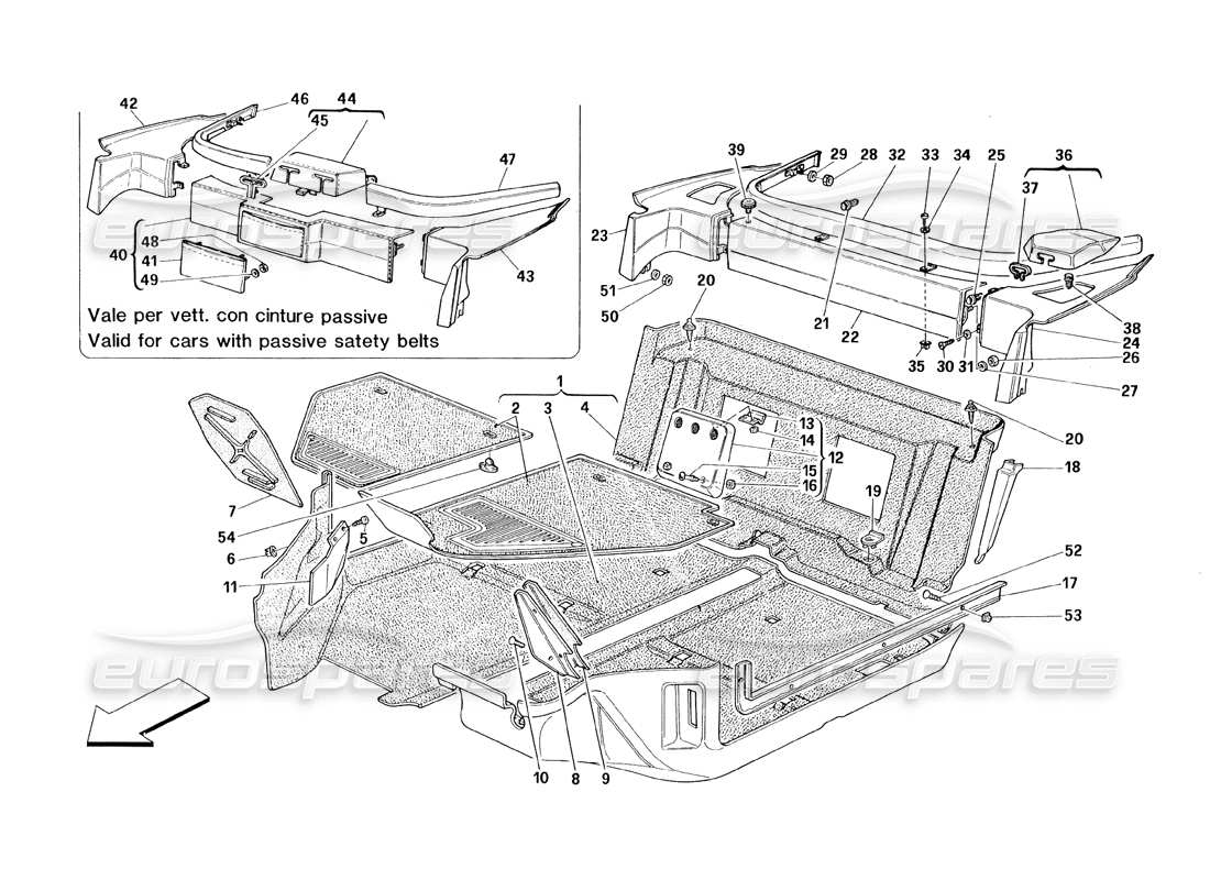 ferrari 348 (1993) tb / ts teilediagramm für fahrgastraumteppiche