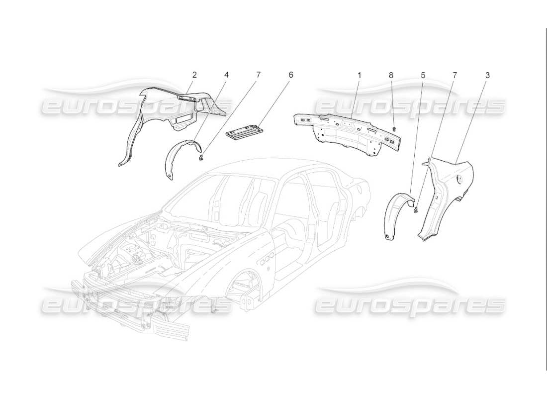 maserati qtp. (2009) 4.7 auto karosserie und hintere aussenverkleidung teilediagramm