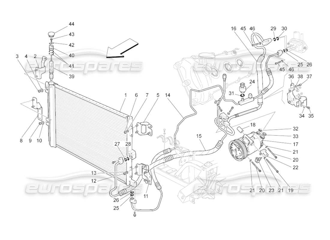 maserati grancabrio (2011) 4.7 klimaanlage: teilediagramm für geräte im motorraum