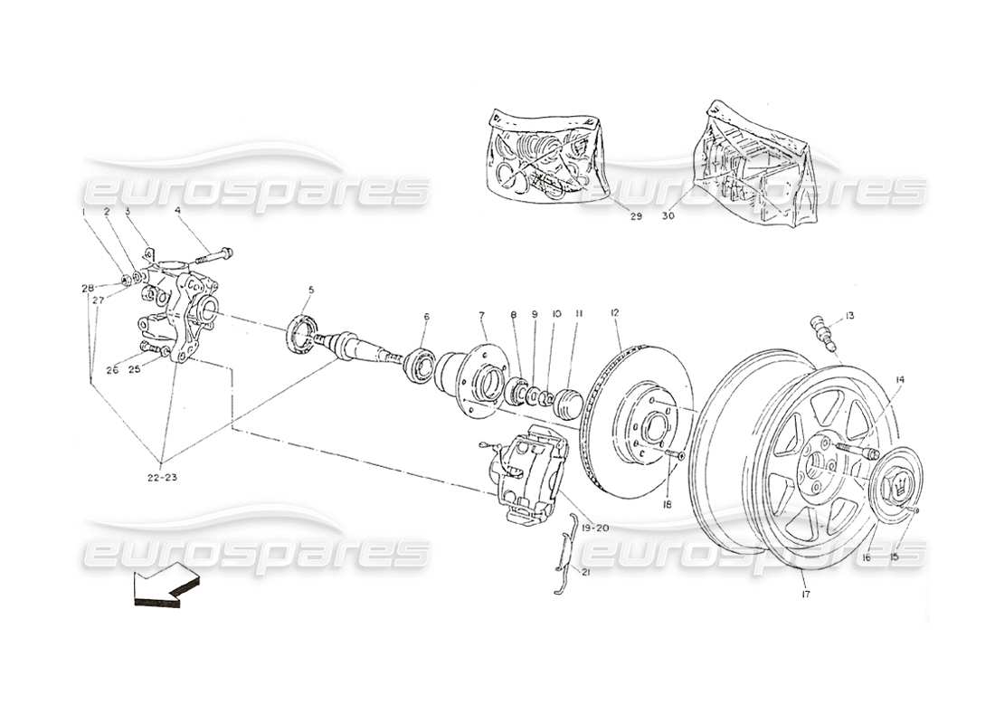 maserati shamal vorderradnaben und bremsen teilediagramm