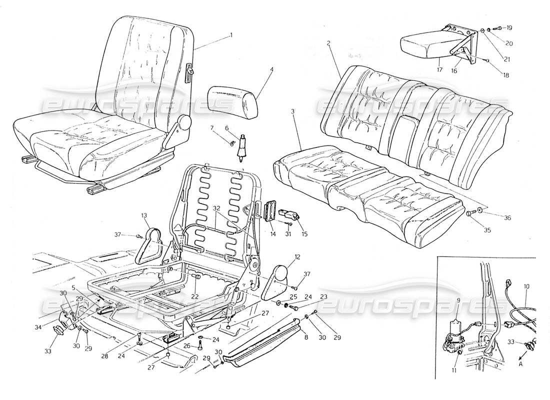 maserati 228 manuelle bewegung für vorder- und rücksitze teilediagramm