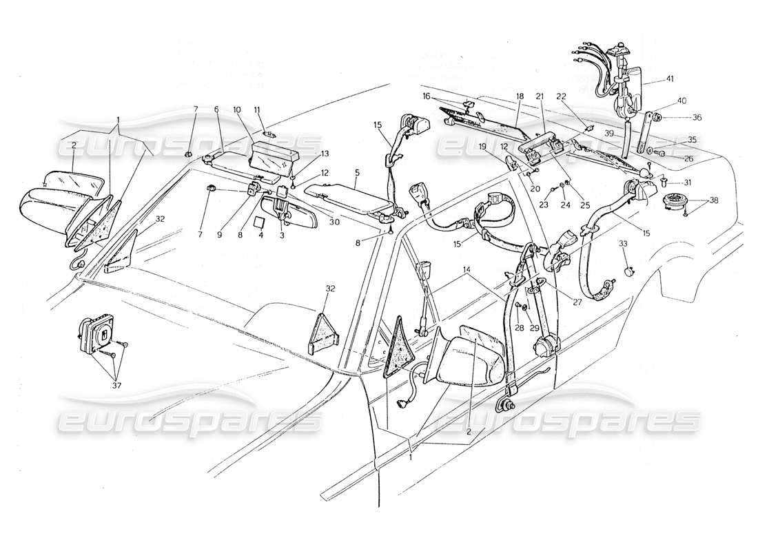 maserati 228 teilediagramm für sicherheitsgurte, spiegel und sonnenblende