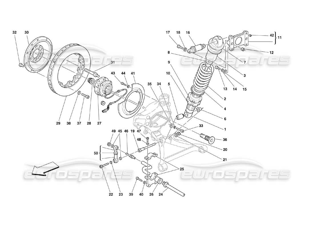 ferrari 360 challenge (2000) vorderradaufhängung - teilediagramm stoßdämpfer und bremsscheibe