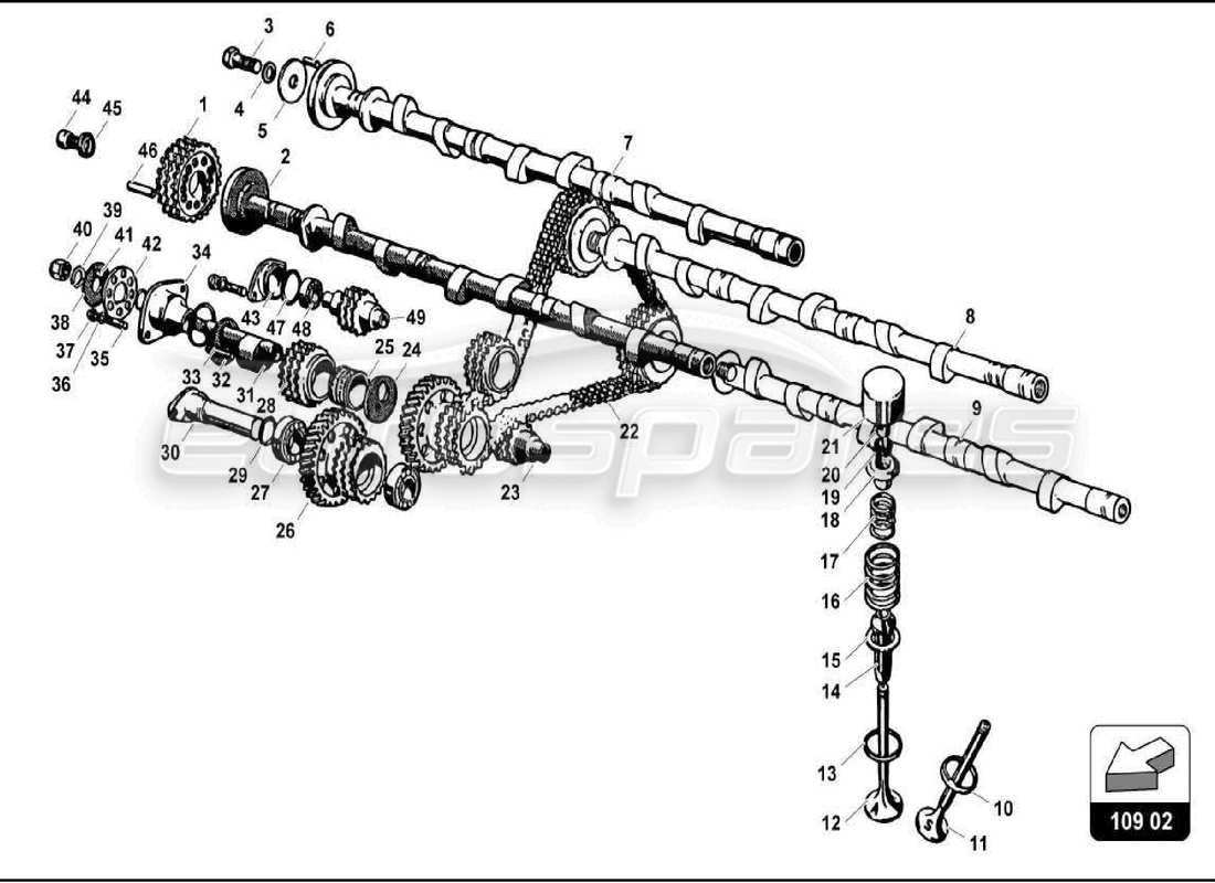 lamborghini 350 gt teilediagramm des zylinderkopf-steuersystems