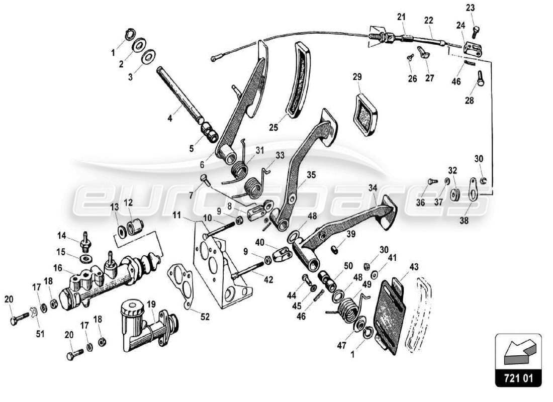 lamborghini miura p400s teilediagramm für brems- und kupplungspedal