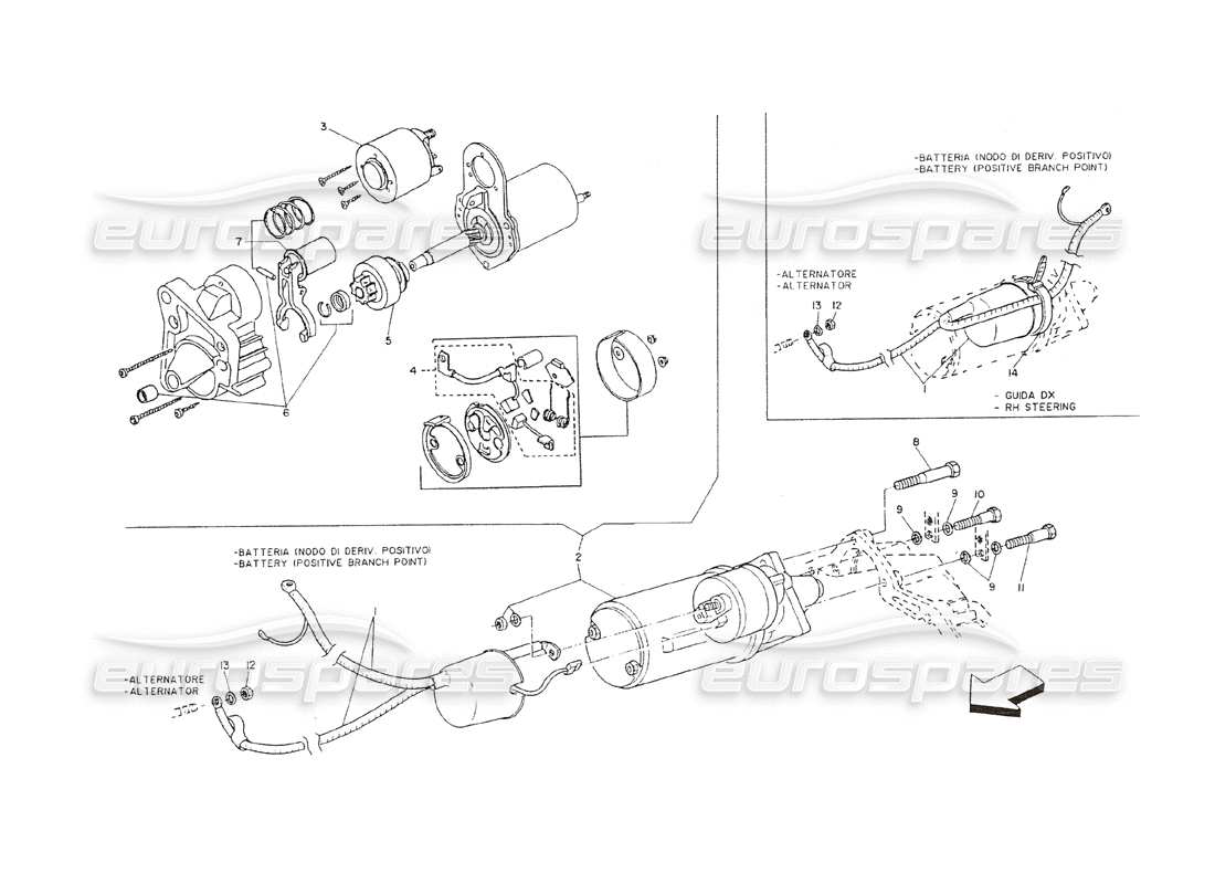 maserati shamal anlasser und batteriekabel teilediagramm