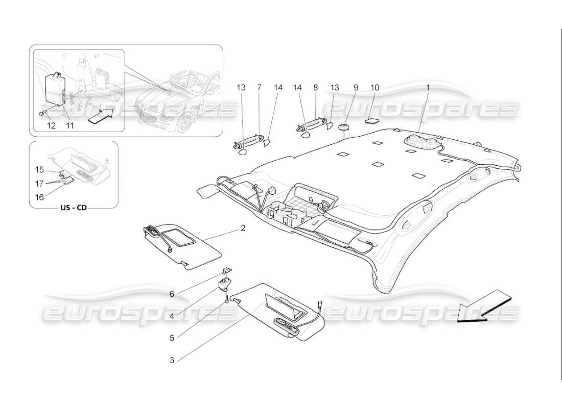 maserati qtp. (2007) 4.2 f1 dach- und sonnenblenden ersatzteildiagramm