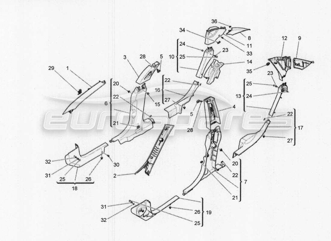 maserati qtp. v8 3.8 530bhp 2014 auto fahrgastinnenraum - b-säulenverkleidungen und seitenverkleidungen ersatzteildiagramm