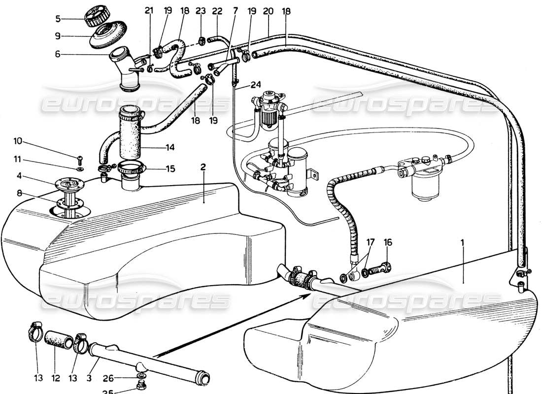 ferrari 365 gtb4 daytona (1969) teilediagramm für kraftstofftanks und rohrleitungen