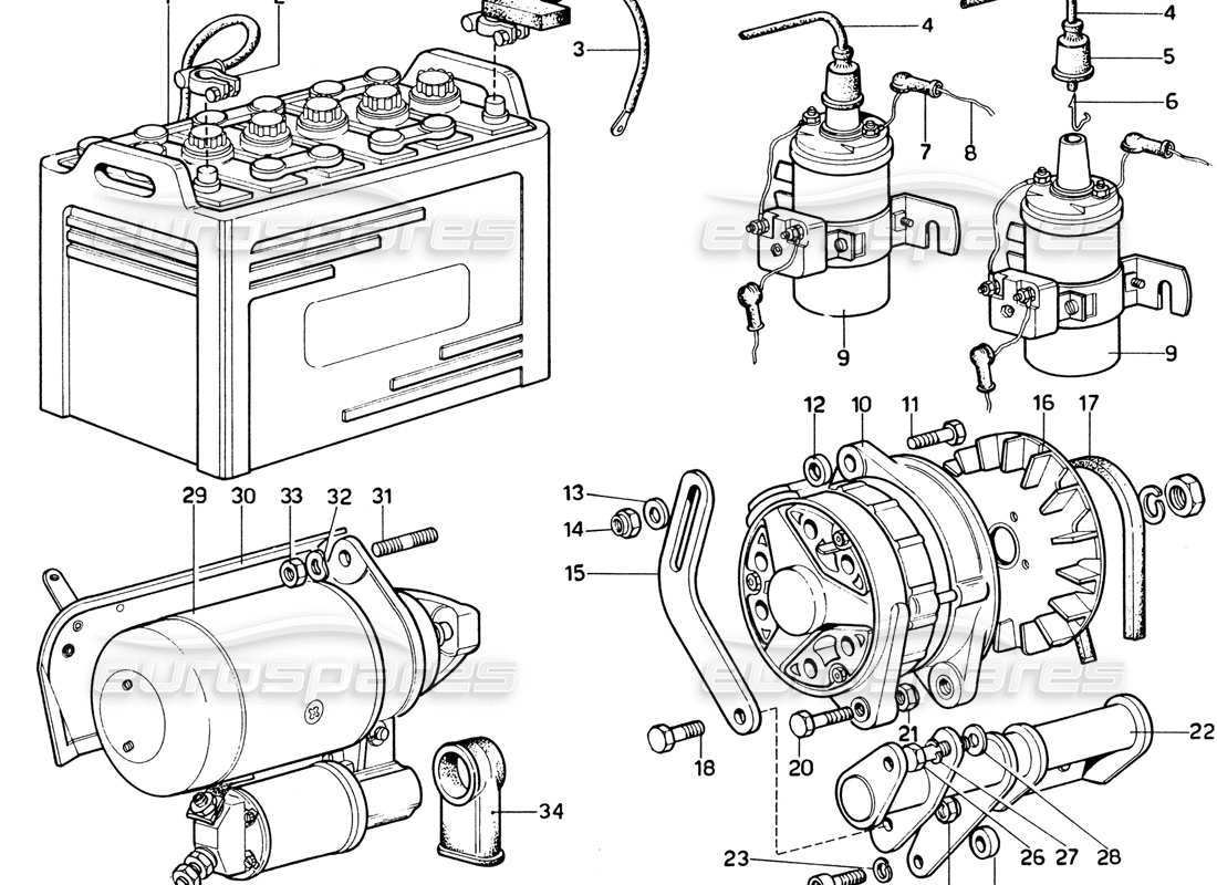 ferrari 365 gtb4 daytona (1969) teilediagramm für generator, akkumulatorspulen und anlasser