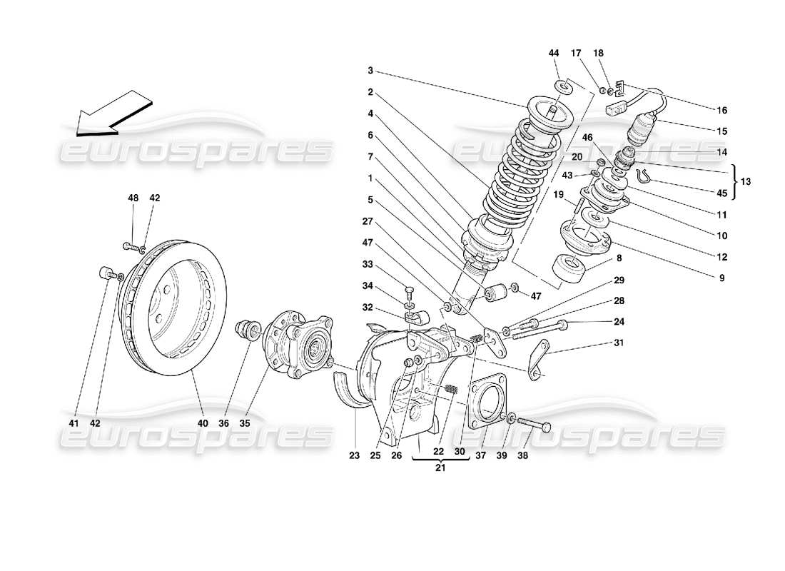 ferrari 355 (2.7 motronic) hinterradaufhängung - teilediagramm stoßdämpfer und bremsscheibe