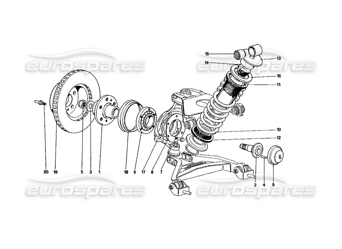 ferrari 328 (1985) vorderradaufhängung - teilediagramm stoßdämpfer und bremsscheibe