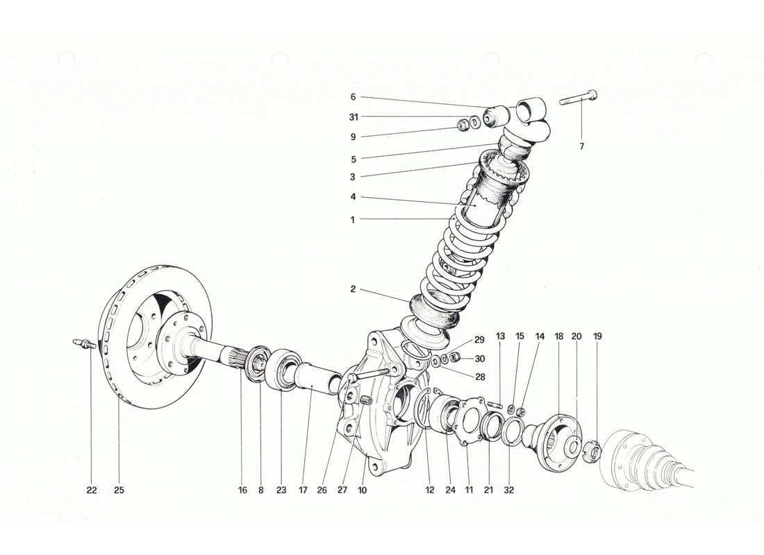 ferrari 208 gtb gts hinterradaufhängung – stoßdämpfer und bremsscheibe teilediagramm