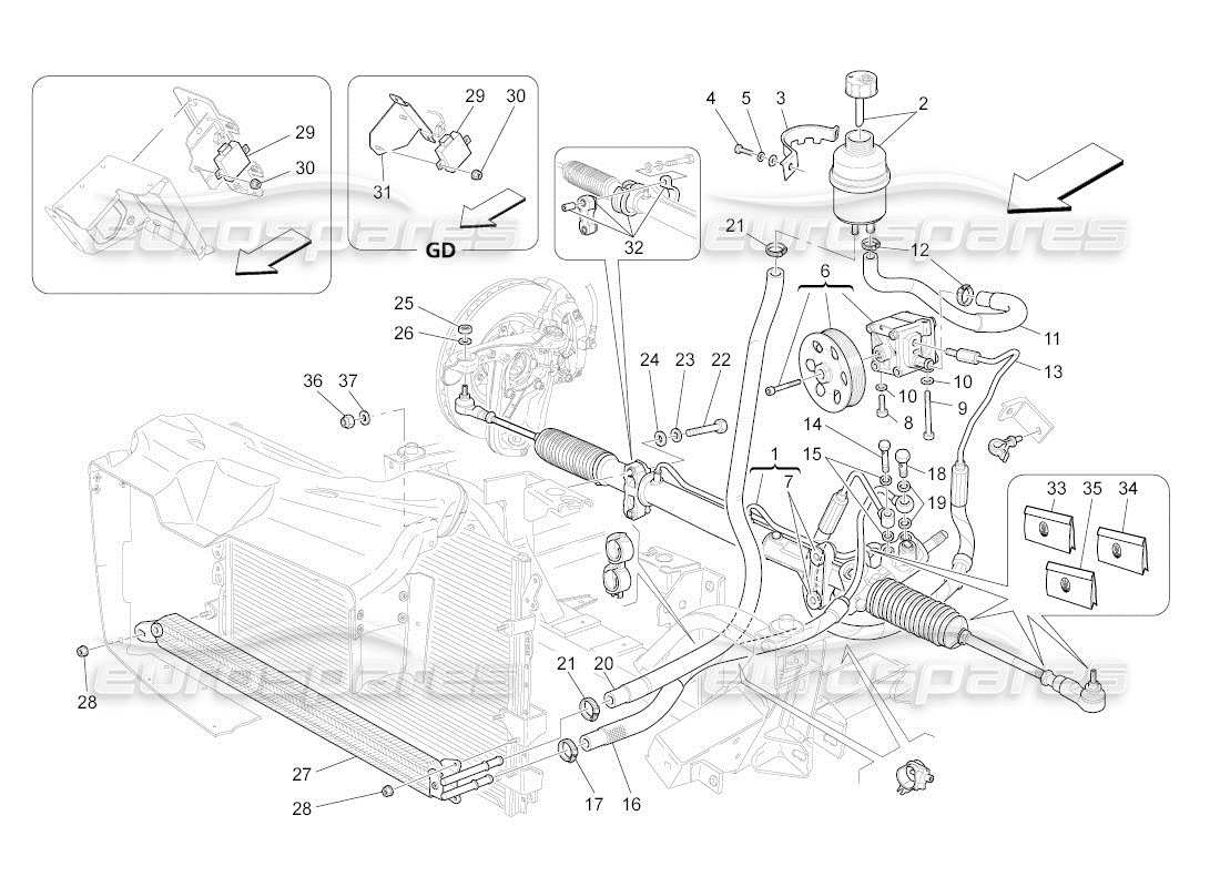 maserati qtp. (2011) 4.7 auto teilediagramm für lenkgetriebe und hydraulische lenkpumpe