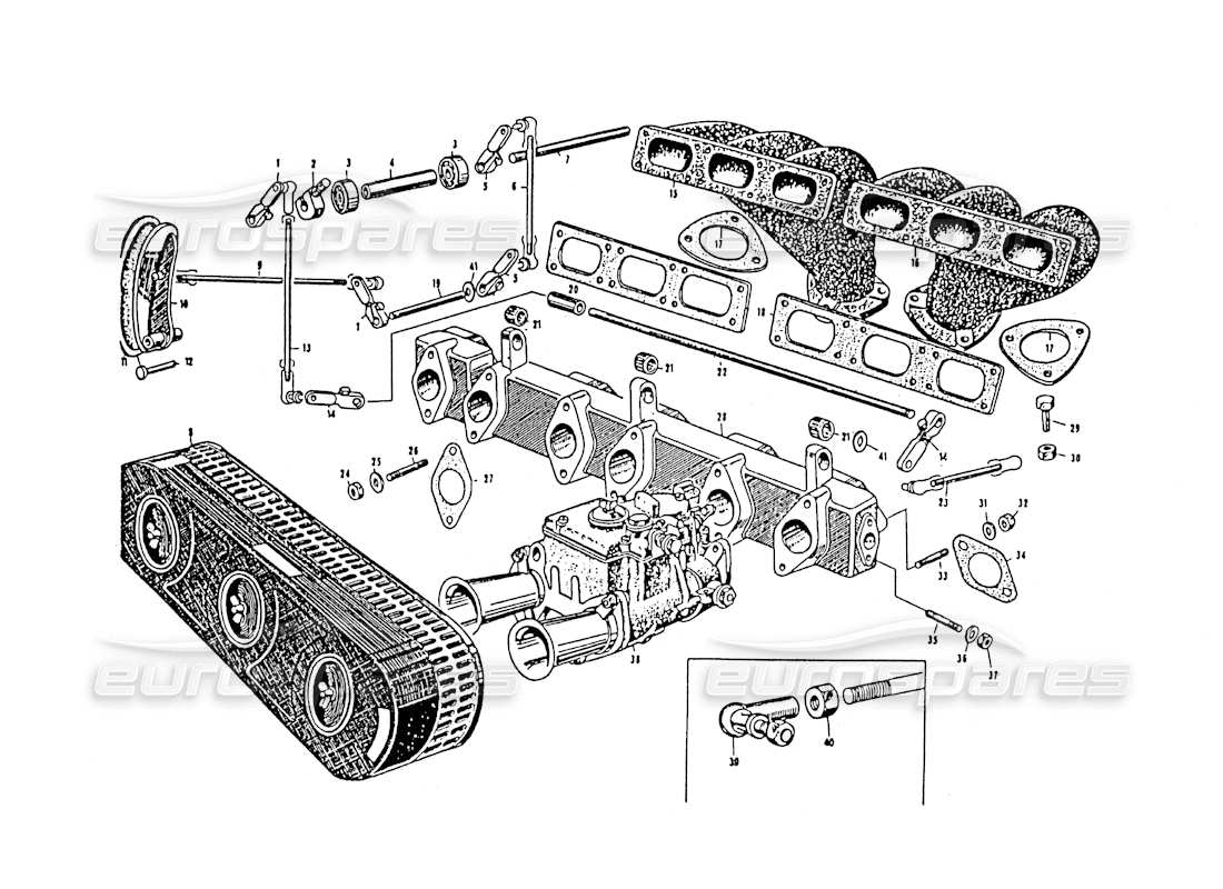 maserati 3500 gt teilediagramm für saugrohr und abgaskrümmer