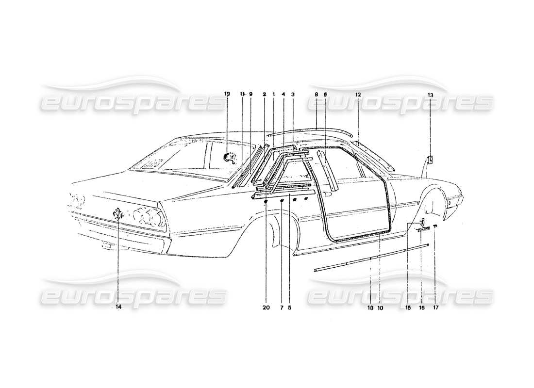 ferrari 365 gt4 2+2 coachwork teilediagramm für außenverkleidungen und endbearbeitungen