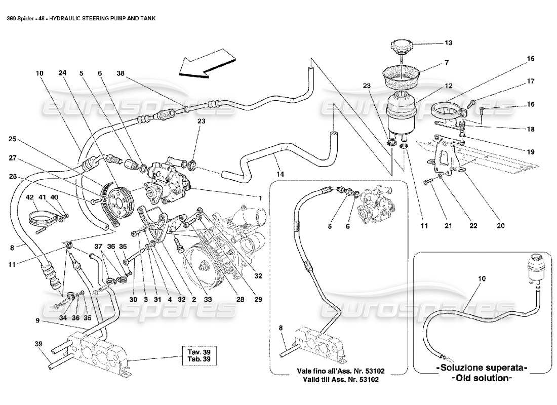 ferrari 360 spider teilediagramm für hydraulische lenkpumpe und tank