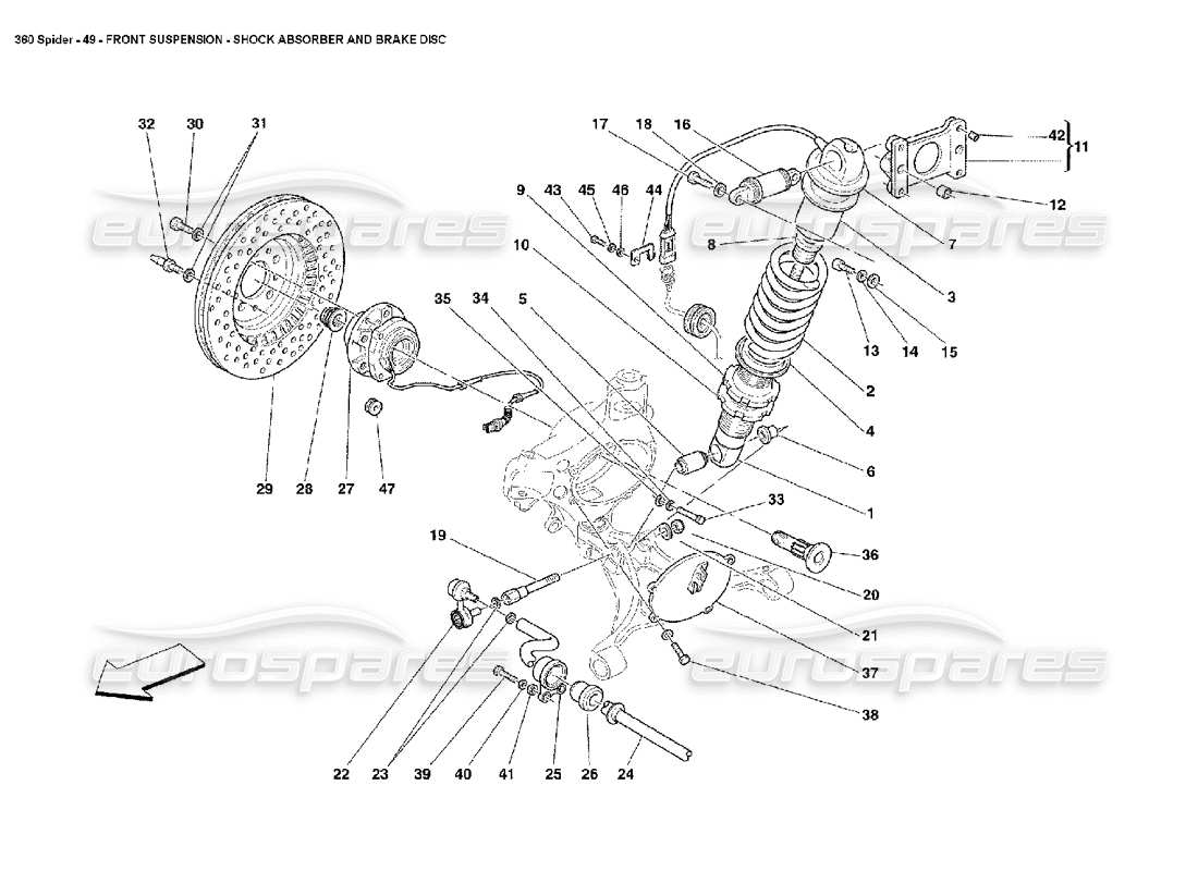 ferrari 360 spider vorderradaufhängung - teilediagramm stoßdämpfer und bremsscheibe