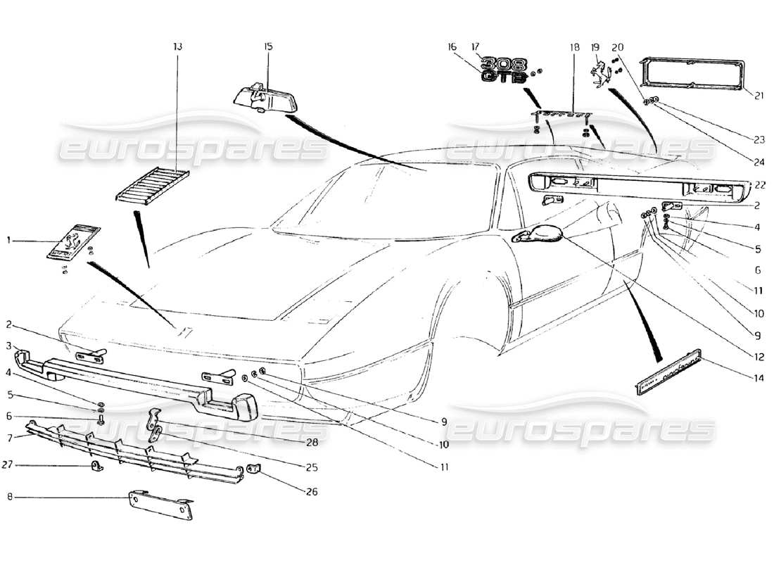 ferrari 308 gtb (1976) stoßfänger und zierleisten (gültig für rhd - aus-versionen) teilediagramm