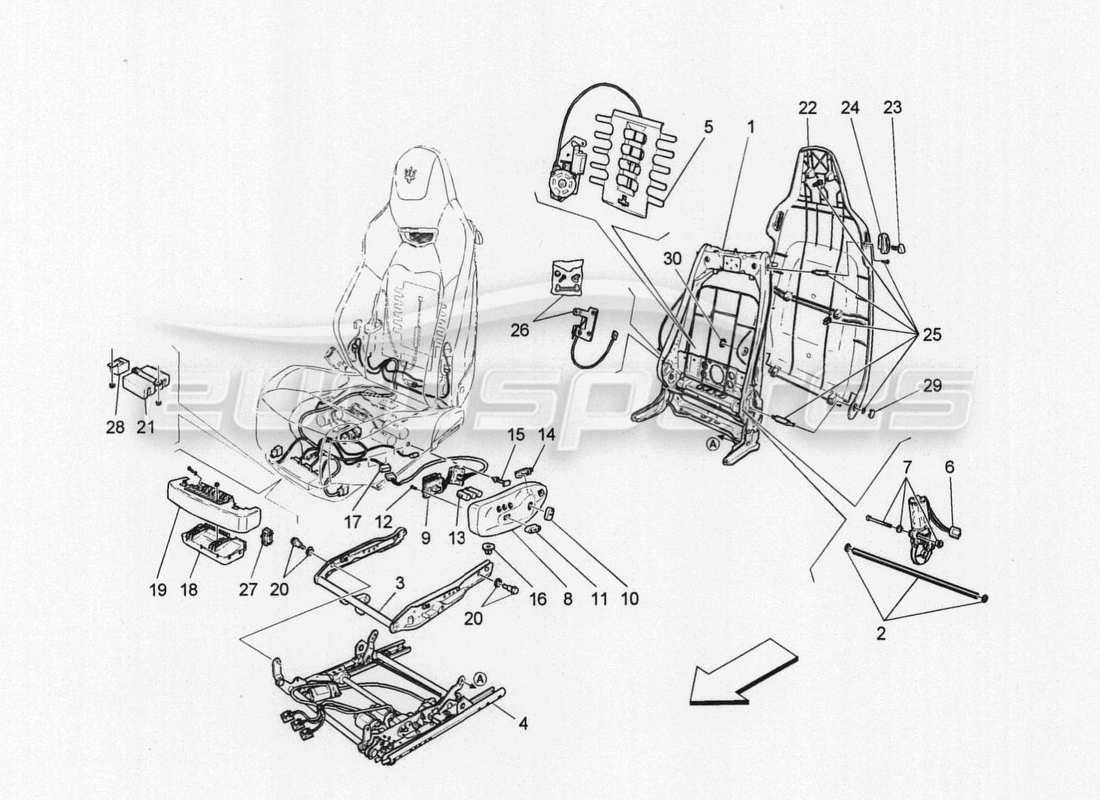 maserati granturismo special edition vordersitze: mechanik und elektronik teilediagramm