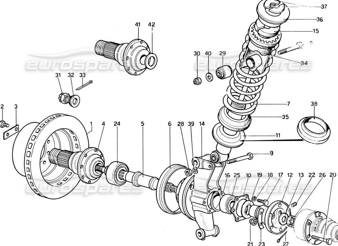 ferrari 365 gtb4 daytona (1969) teilediagramm für stoßdämpfer, nabe und hintere bremsscheibe
