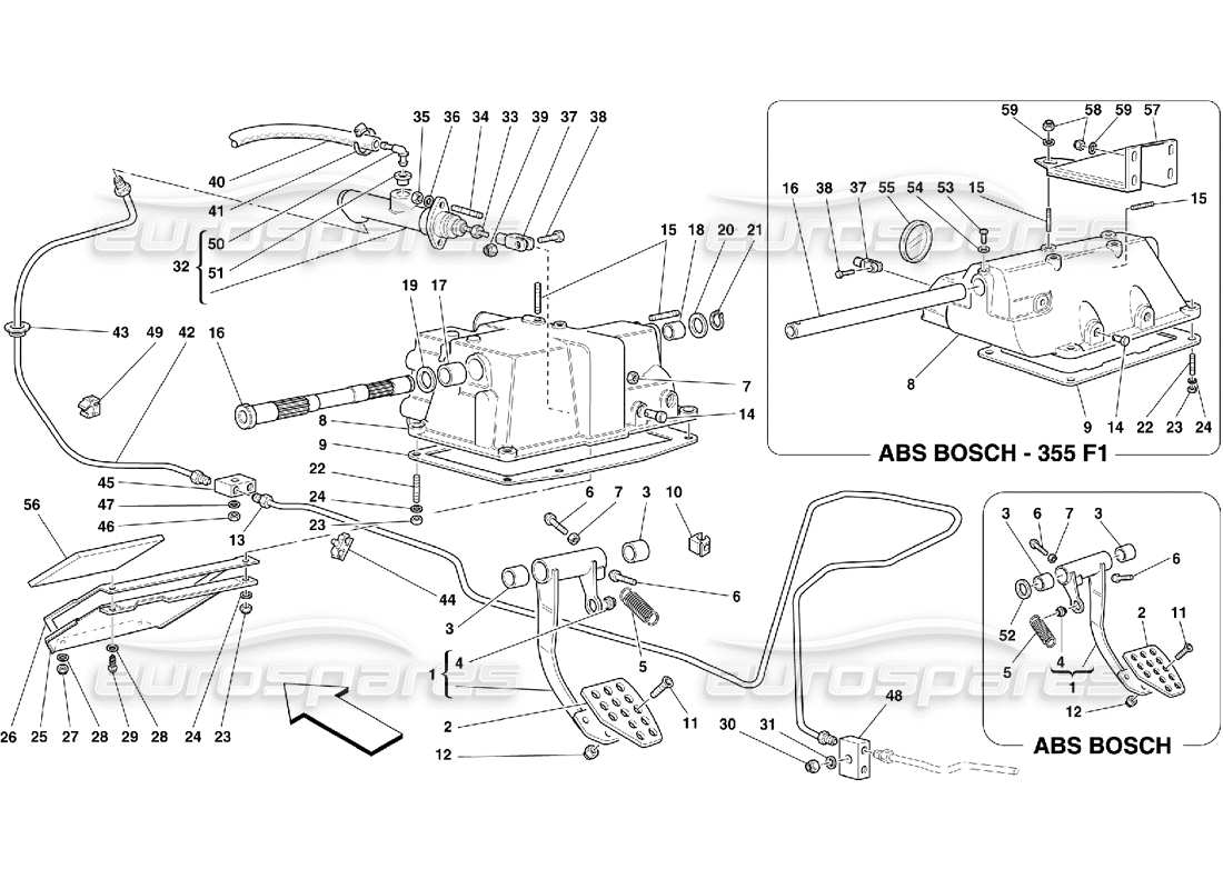 ferrari 355 (5.2 motronic) teilediagramm für kupplungsausrücksteuerung und pedalunterstützung