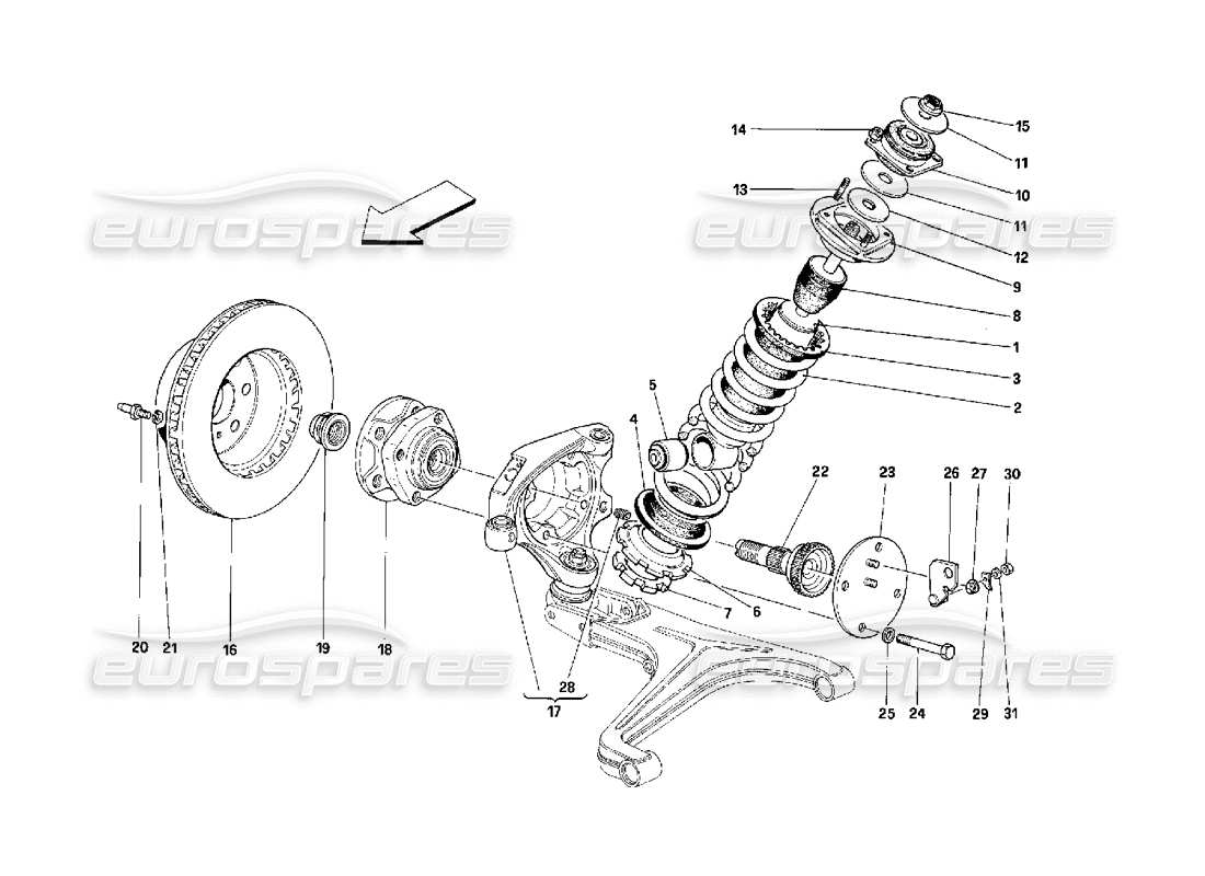 ferrari 348 (2.7 motronic) vorderradaufhängung - teilediagramm stoßdämpfer und bremsscheibe