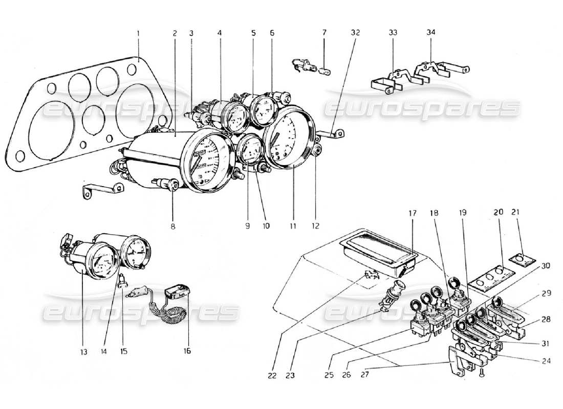 ferrari 308 gtb (1976) instrumente und zubehör (gültig für rhd - aus-versionen) teilediagramm