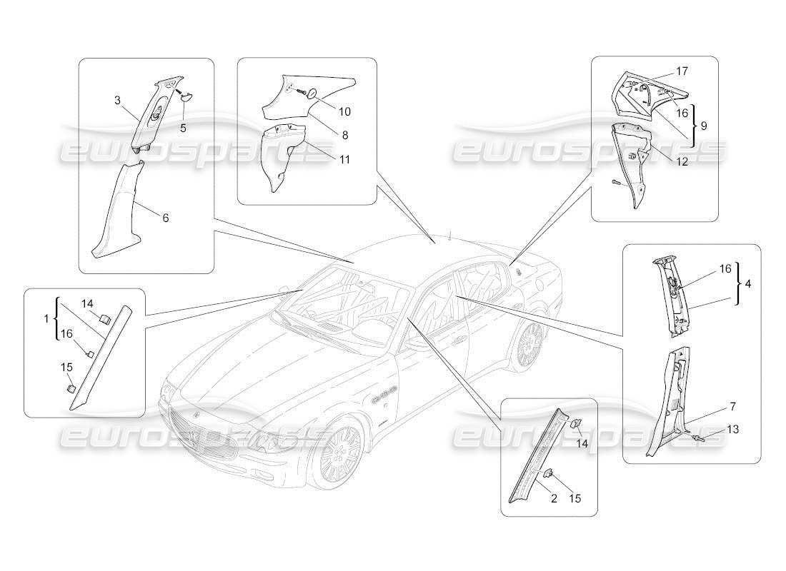 maserati qtp. (2011) 4.7 auto fahrgastinnenraum - b-säulenverkleidungen und seitenverkleidungen ersatzteildiagramm