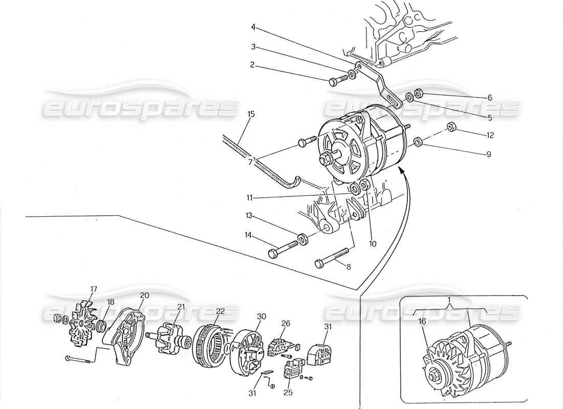 maserati 228 teilediagramm für lichtmaschine und halterung