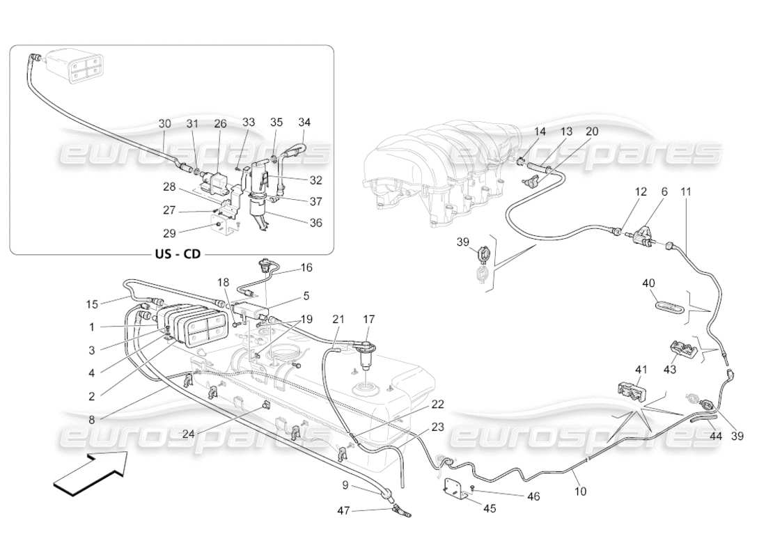 maserati grancabrio (2011) 4.7 kraftstoffdampf-rezirkulationssystem teilediagramm