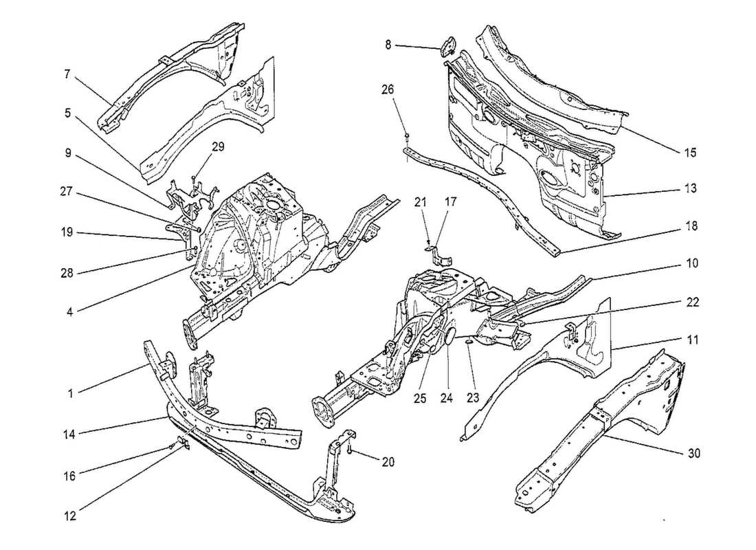 maserati qtp. v8 3.8 530bhp 2014 vordere strukturrahmen und blechplatten teilediagramm