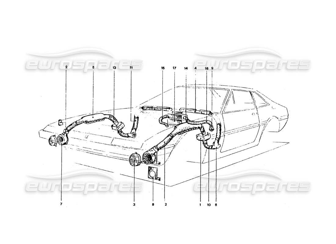 ferrari 365 gt4 2+2 coachwork teilediagramm für heizgeräte und gebläse