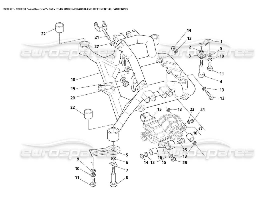 maserati 3200 gt/gta/assetto corsa teilediagramm für die befestigung des hinteren unterrahmens und des differentials