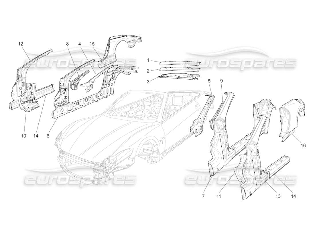 maserati grancabrio (2010) 4.7 karosserie und mittlere aussenverkleidung teilediagramm