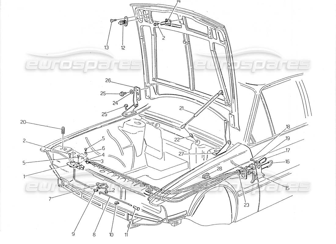 maserati 228 motorhaube: teilediagramm für scharniere und motorhaubenentriegelung