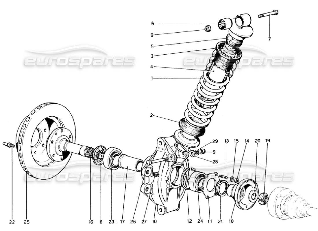 ferrari 308 gtb (1976) hinterradaufhängung - teilediagramm stoßdämpfer und bremsscheibe