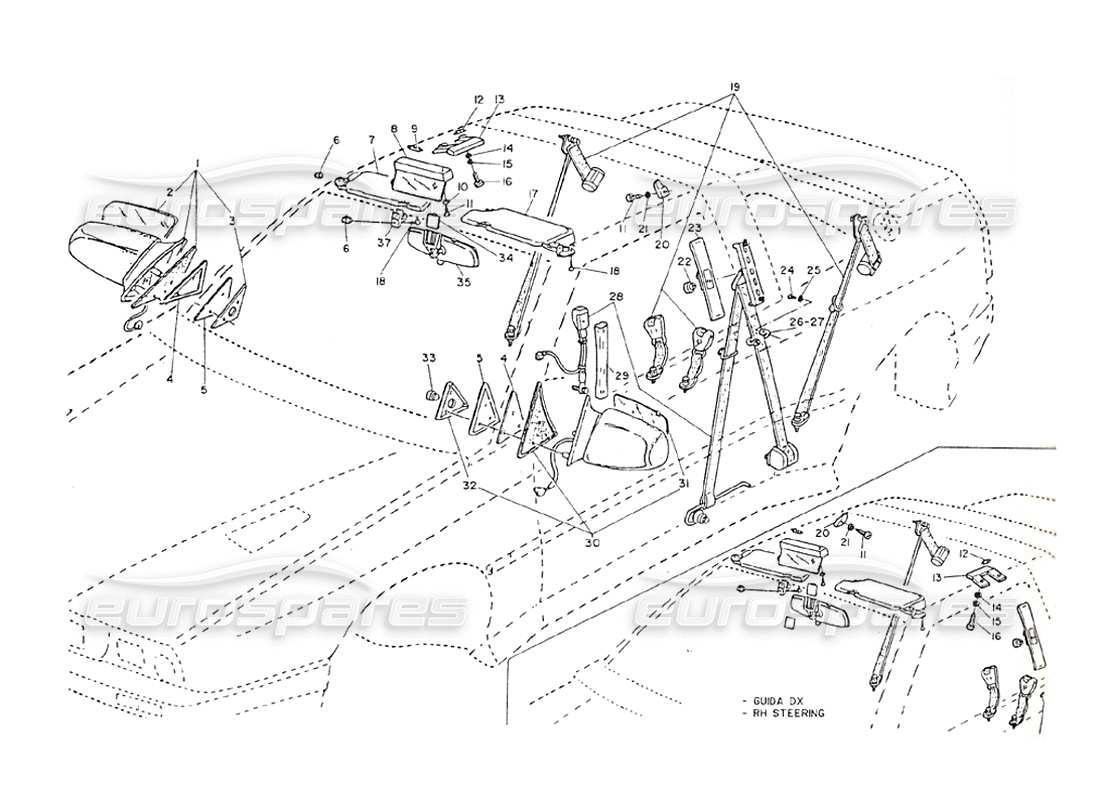 maserati shamal sicherheitsgurte, rückspiegel, sonnenblenden teilediagramm