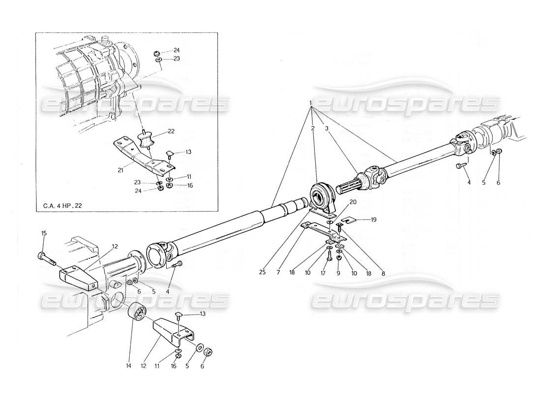 maserati 228 teilediagramm für gelenkwelle und träger